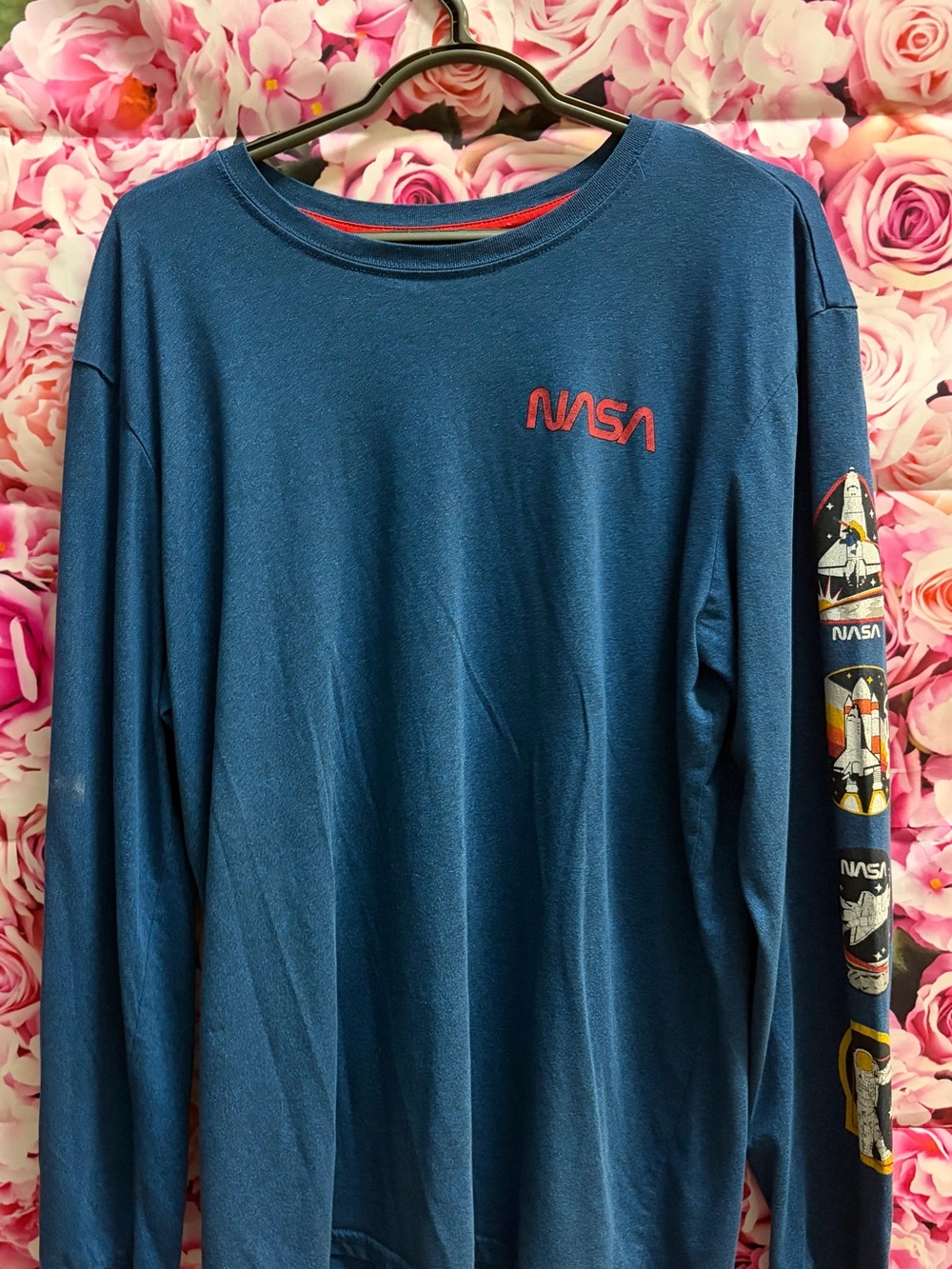 NASA Blue Long Sleeve Tee with graphic print sleeve and back size L